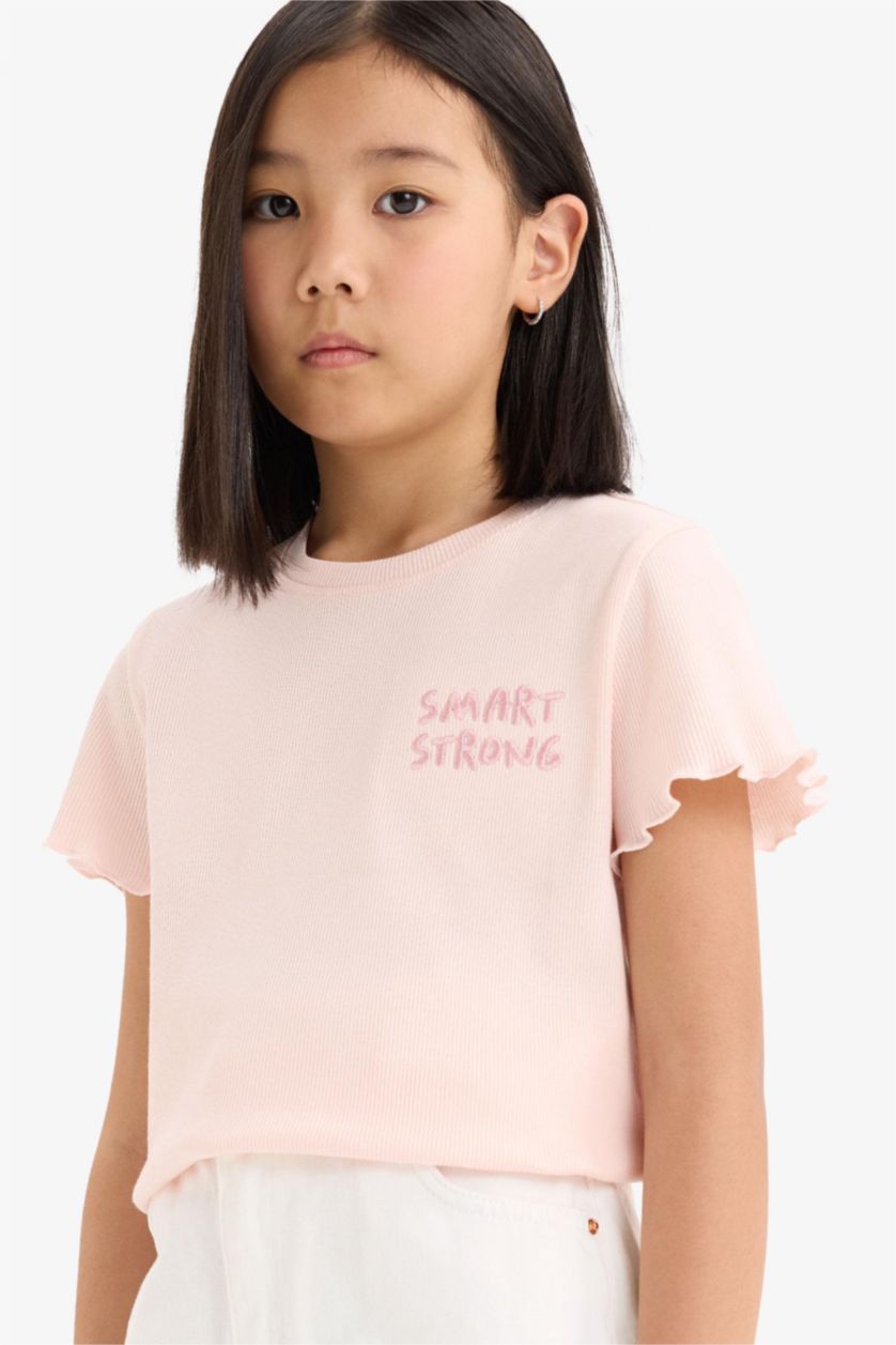 Kız Çocuk - Genç Kız Açık Pembe Slim Fit Dar Kesim Bisiklet Yaka Baskılı Fitilli Kaşkorse Kısa Kollu Tişört Kız Çocuk