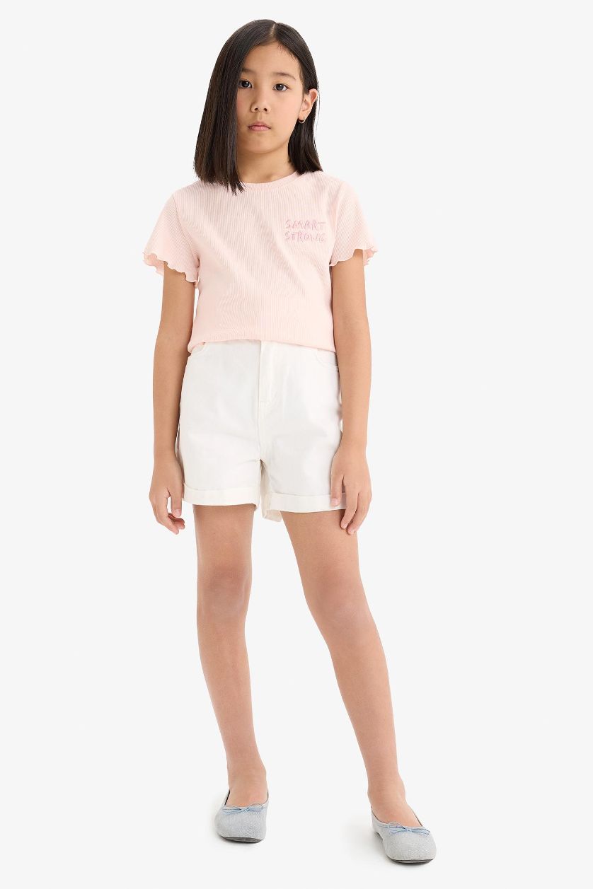 Kız Çocuk - Genç Kız Açık Pembe Slim Fit Dar Kesim Bisiklet Yaka Baskılı Fitilli Kaşkorse Kısa Kollu Tişört Kız Çocuk