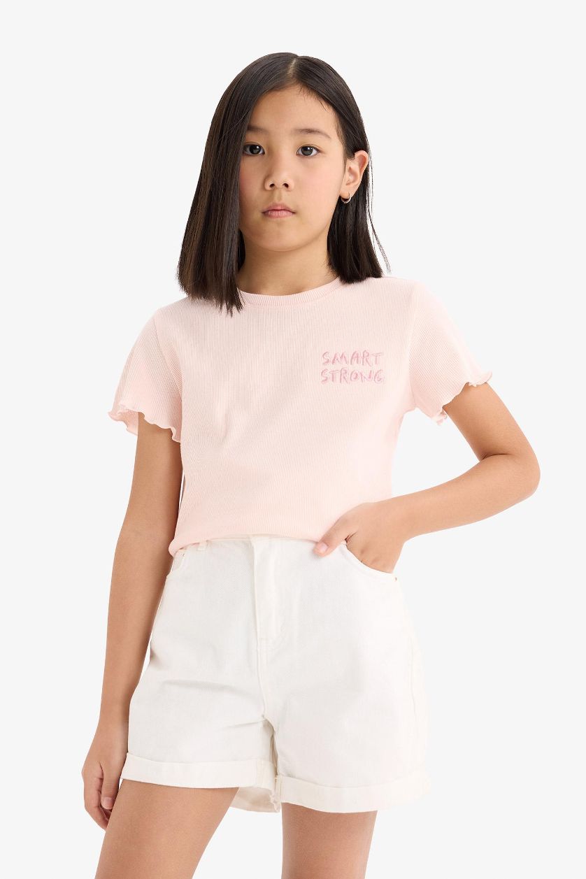 Kız Çocuk - Genç Kız Açık Pembe Slim Fit Dar Kesim Bisiklet Yaka Baskılı Fitilli Kaşkorse Kısa Kollu Tişört Kız Çocuk