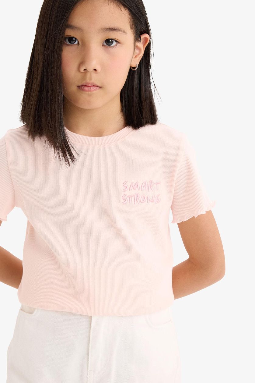 Kız Çocuk - Genç Kız Açık Pembe Slim Fit Dar Kesim Bisiklet Yaka Baskılı Fitilli Kaşkorse Kısa Kollu Tişört Kız Çocuk