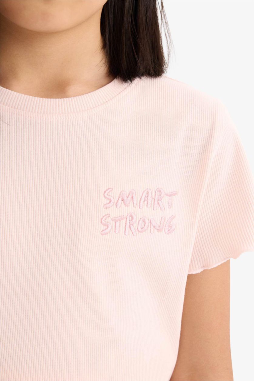 Kız Çocuk - Genç Kız Açık Pembe Slim Fit Dar Kesim Bisiklet Yaka Baskılı Fitilli Kaşkorse Kısa Kollu Tişört Kız Çocuk