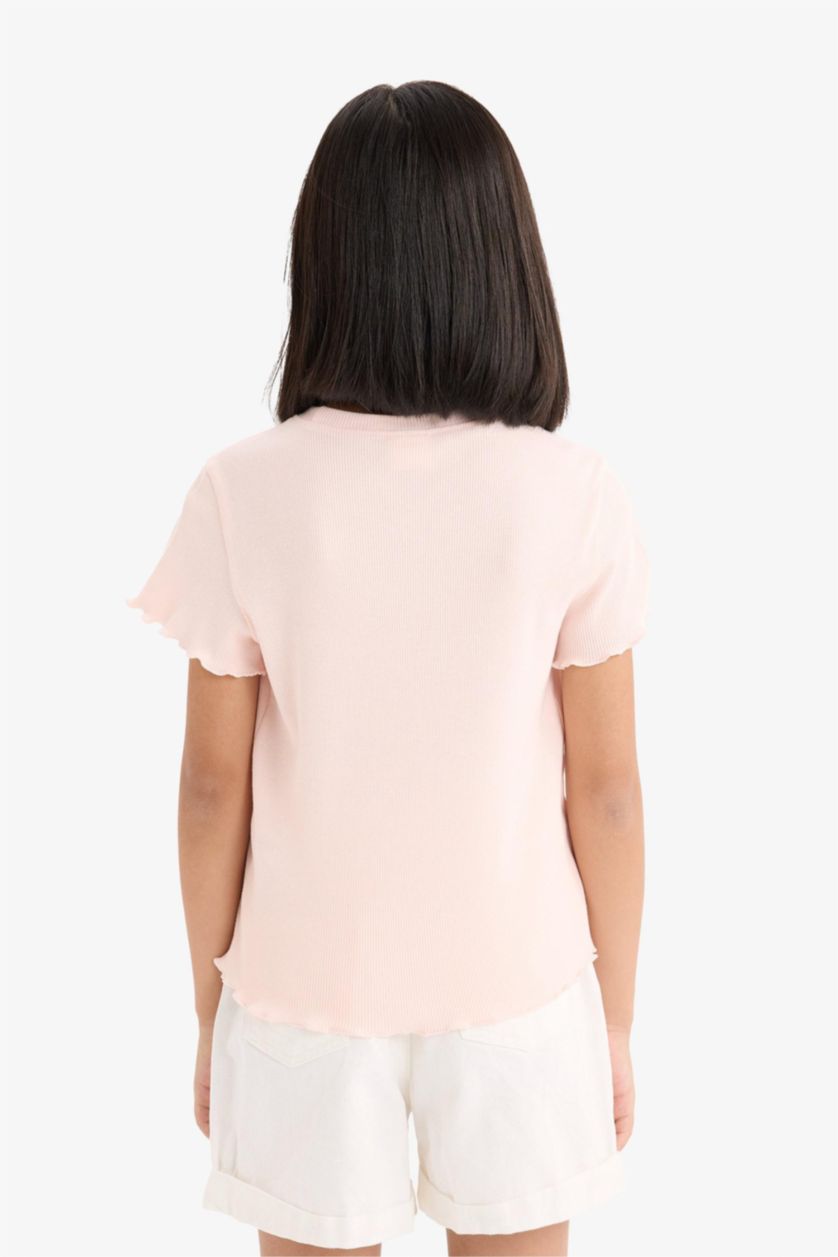 Kız Çocuk - Genç Kız Açık Pembe Slim Fit Dar Kesim Bisiklet Yaka Baskılı Fitilli Kaşkorse Kısa Kollu Tişört Kız Çocuk