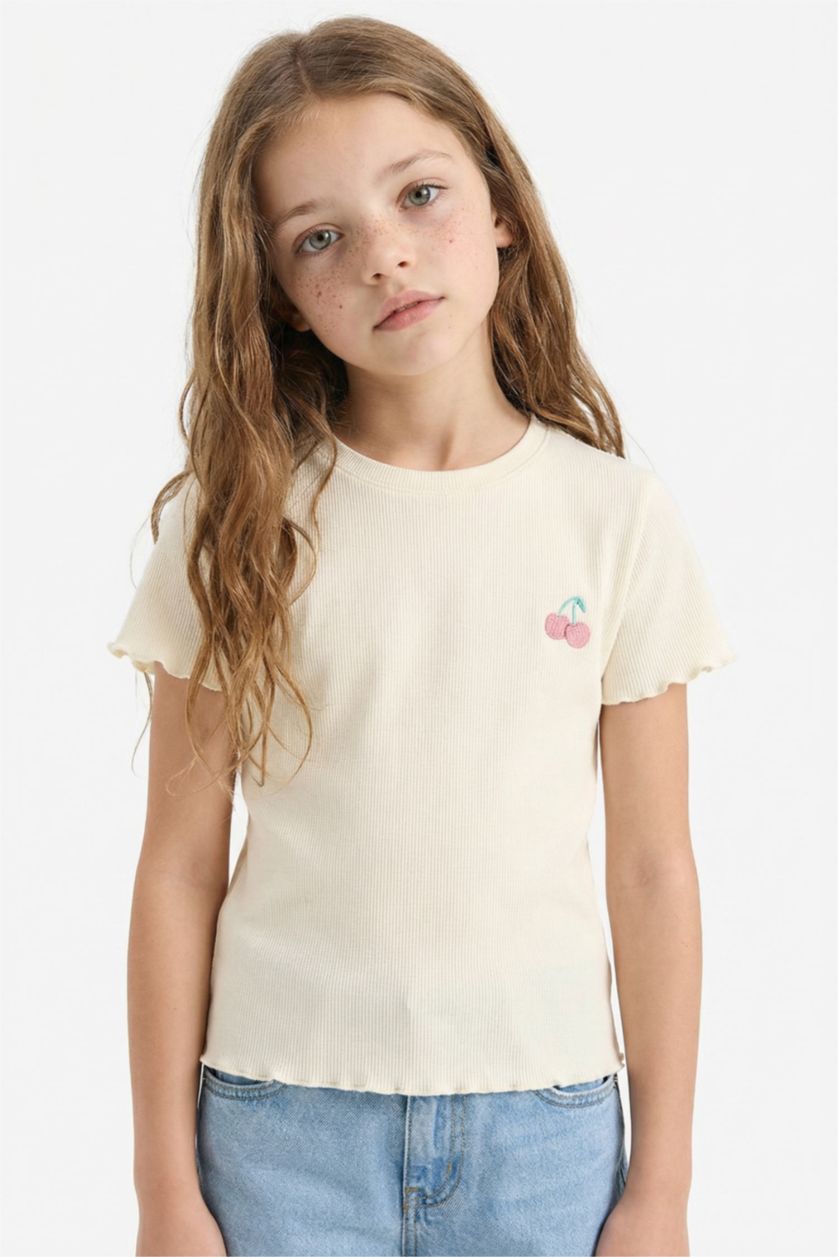 Kız Çocuk - Genç Kız Ekru Slim Fit Dar Kesim Bisiklet Yaka Baskılı Fitilli Kaşkorse Kısa Kollu Tişört Kız Çocuk