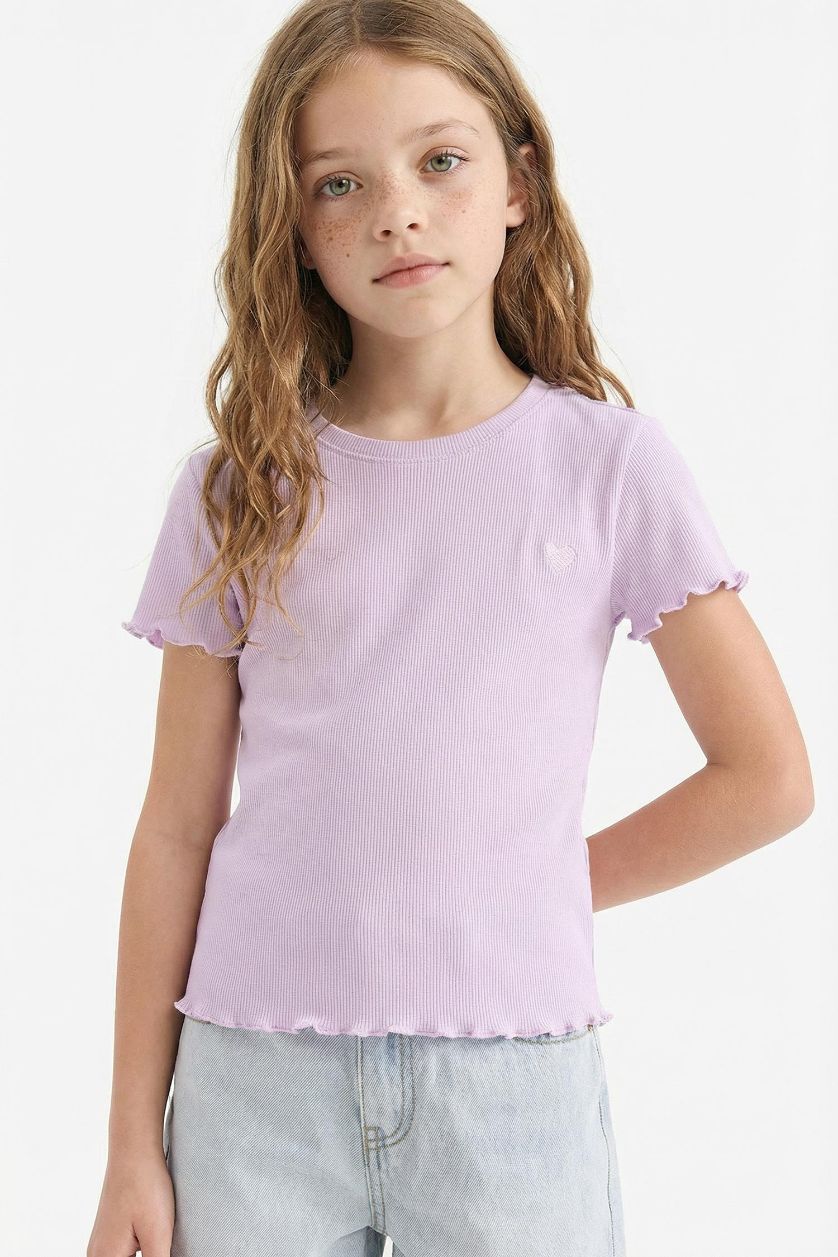 Kız Çocuk - Genç Kız Lila Slim Fit Dar Kesim Bisiklet Yaka Baskılı Fitilli Kaşkorse Kısa Kollu Tişört Kız Çocuk