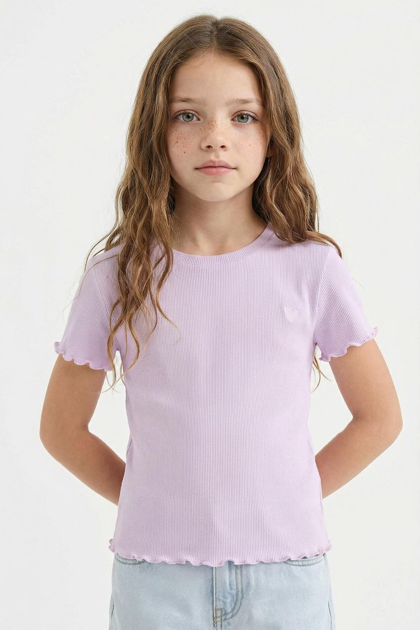 Kız Çocuk - Genç Kız Lila Slim Fit Dar Kesim Bisiklet Yaka Baskılı Fitilli Kaşkorse Kısa Kollu Tişört Kız Çocuk