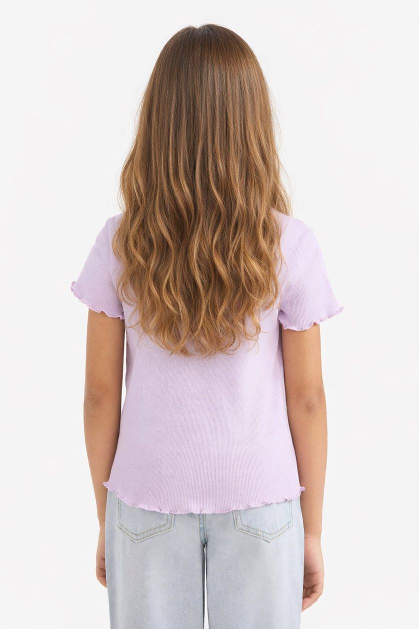 Kız Çocuk - Genç Kız Lila Slim Fit Dar Kesim Bisiklet Yaka Baskılı Fitilli Kaşkorse Kısa Kollu Tişört Kız Çocuk