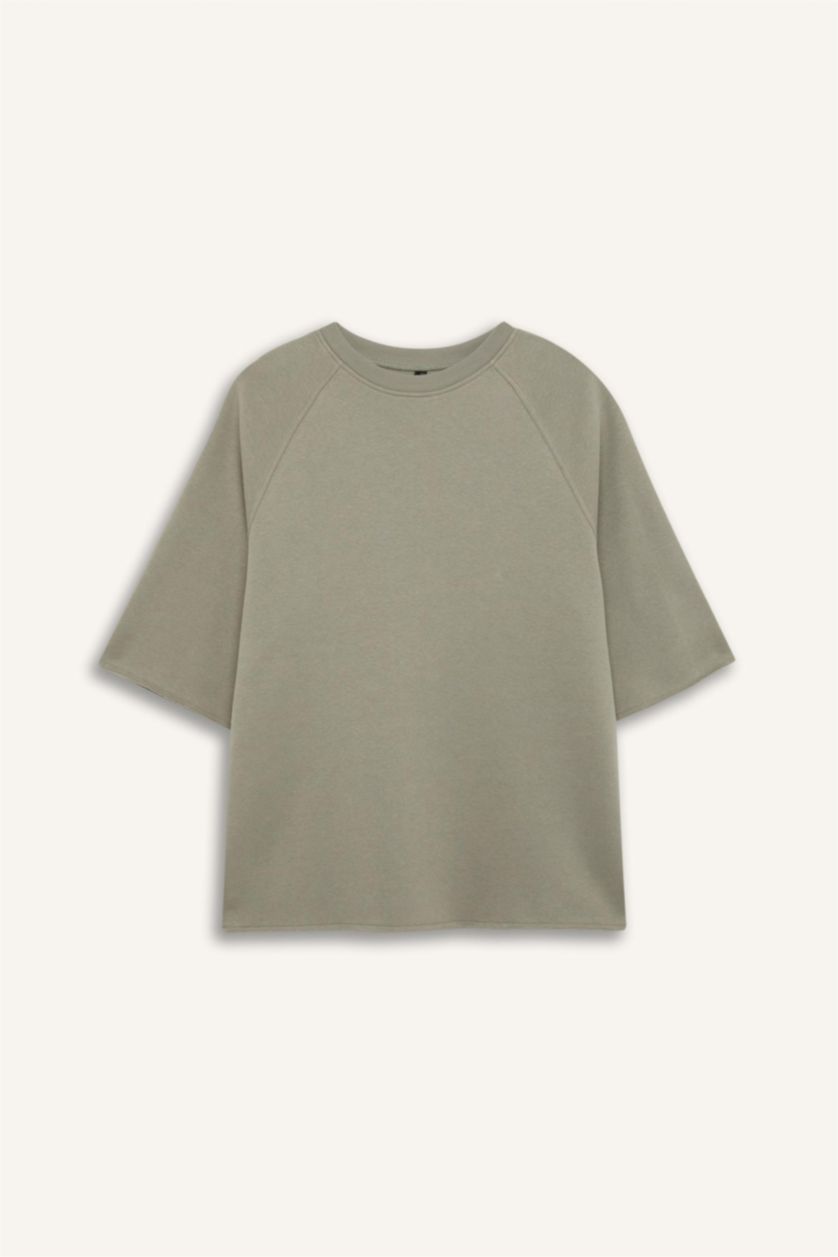 Woman Light Khaki Oversize Fit Crew Neck Casual Sweatshirt