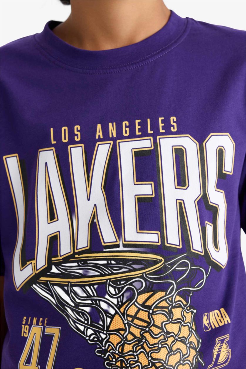 Erkek Çocuk - Genç Erkek Koyu Mor NBA Los Angeles Lakers Sırt Baskılı Kısa Kollu Tişört Erkek Çocuk