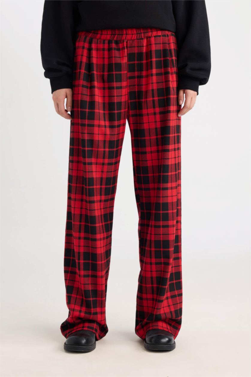 نساء أحمر Wide Leg Plaid Elastic Waist Normal Waist Pyjamas Pants
