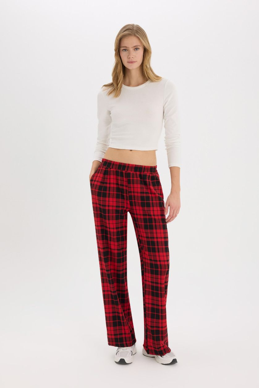 نساء أحمر بنطرون كاروهات قصة مستقيمة وخصر عادي مطاطي