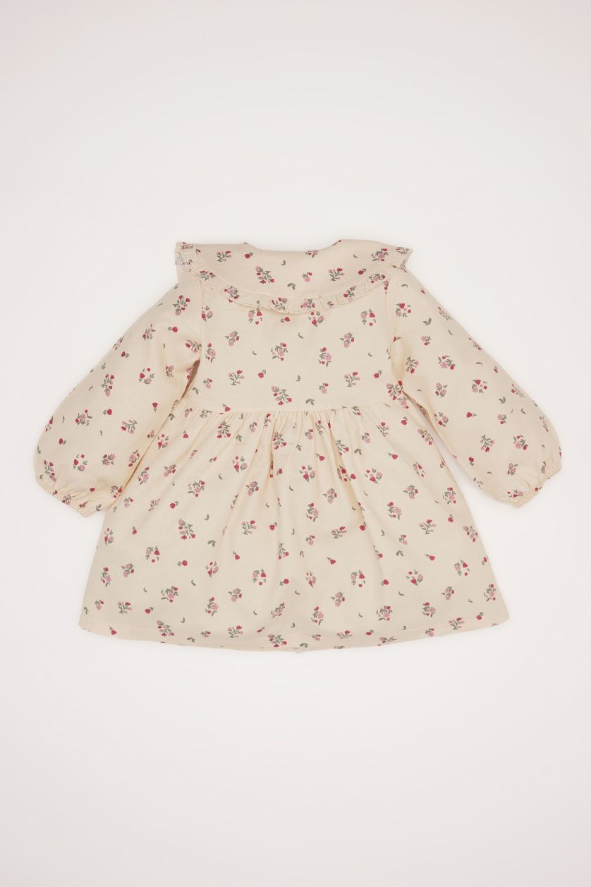 طفلة صغيرة بيج فستان بيبي بناتي فلورال من التويل كم طويل بياقة كبيرة