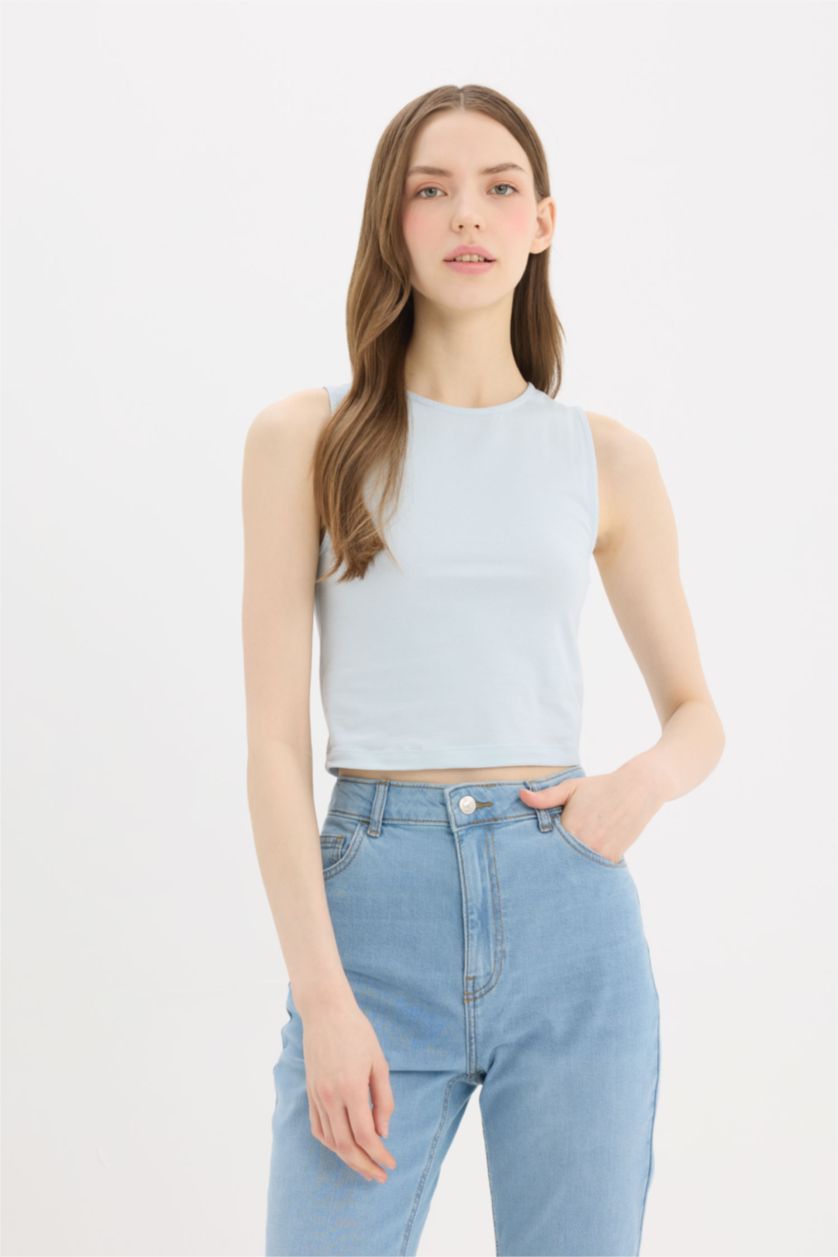 WOMAN Light Blue Slim Fit Halter Collar Tank Top