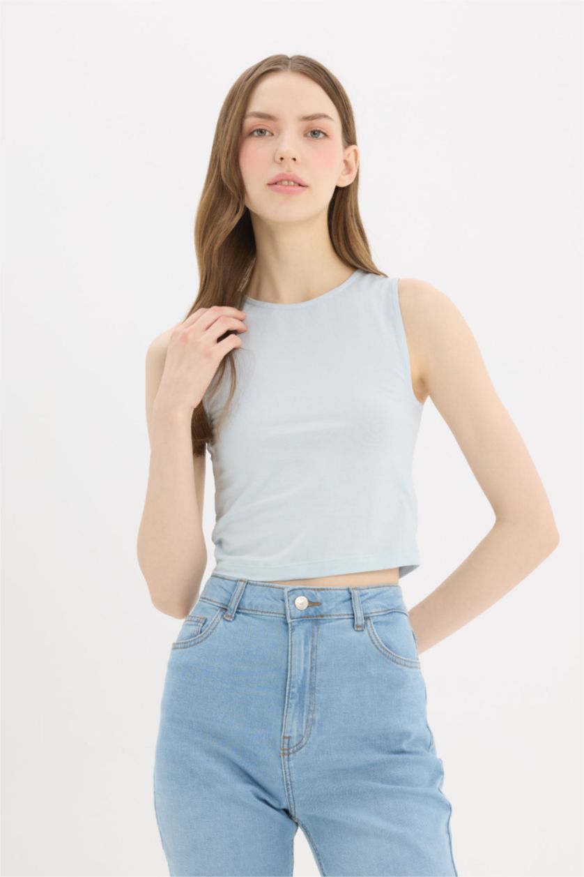 WOMAN Light Blue Slim Fit Halter Collar Tank Top