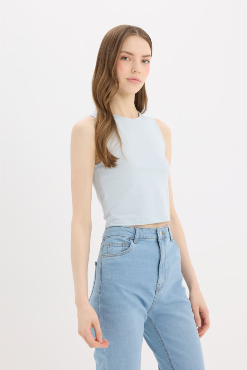 WOMAN Light Blue Slim Fit Halter Collar Tank Top