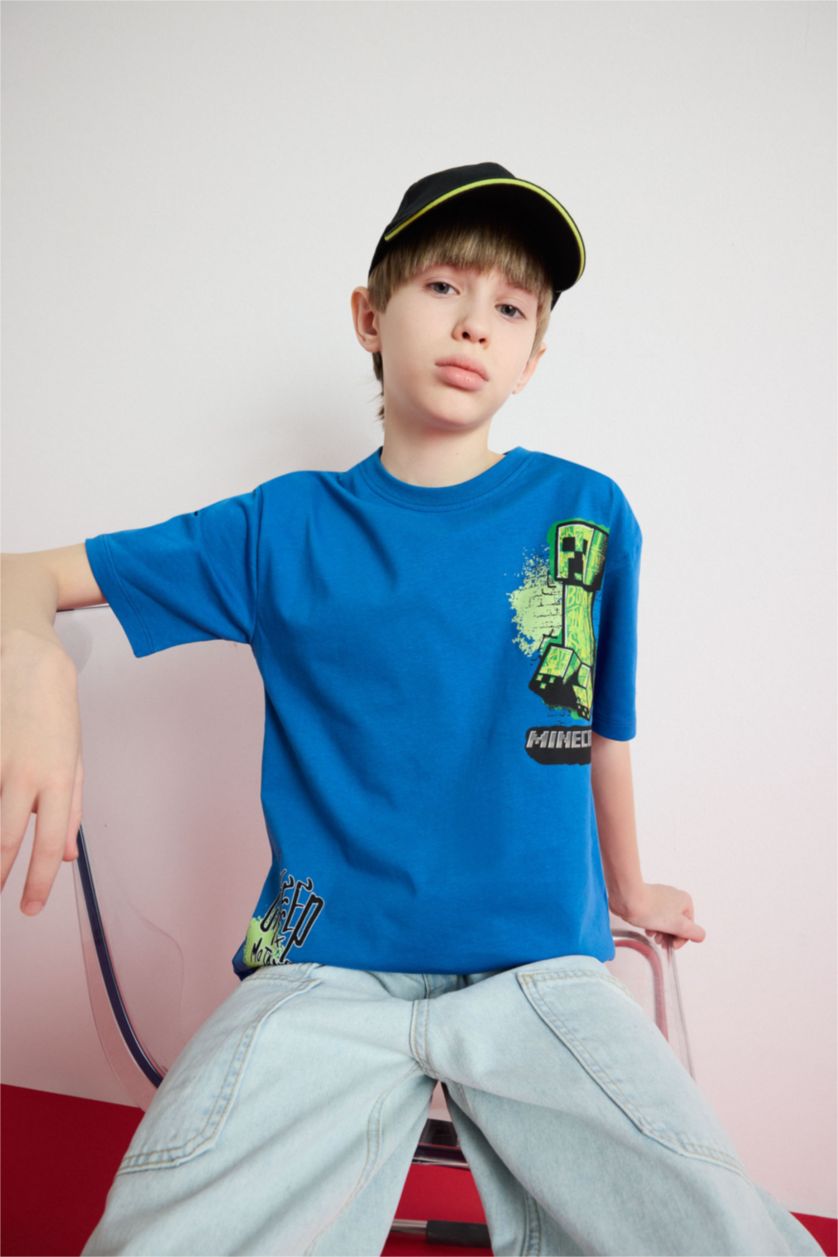 Erkek Çocuk - Genç Erkek Mavi Minecraft Kısa Kollu Tişört Erkek Çocuk