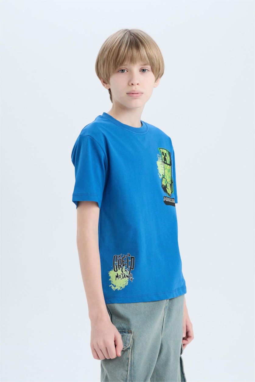 Erkek Çocuk - Genç Erkek Mavi Minecraft Kısa Kollu Tişört Erkek Çocuk