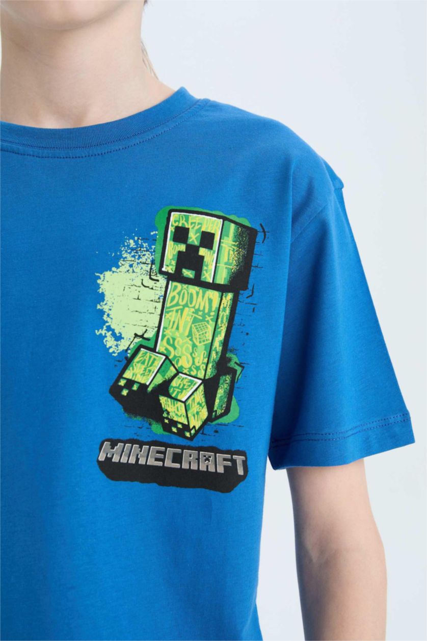 Erkek Çocuk - Genç Erkek Mavi Minecraft Kısa Kollu Tişört Erkek Çocuk