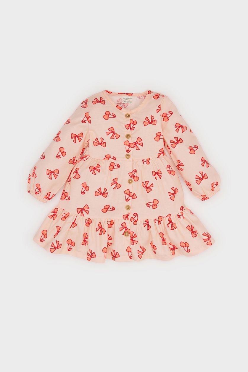BABY GIRL Pink Girl Floral Long Sleeve Twill Dress