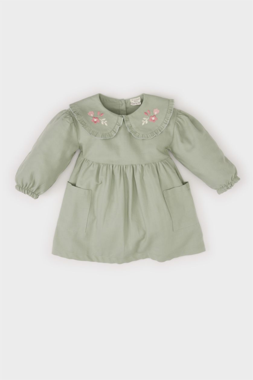Kız Bebek Mint Büyük Yaka Nakışlı Uzun Kollu Cepli Twill Elbise Kız Bebek