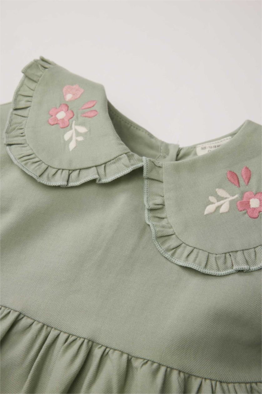 Kız Bebek Mint Büyük Yaka Nakışlı Uzun Kollu Cepli Twill Elbise Kız Bebek