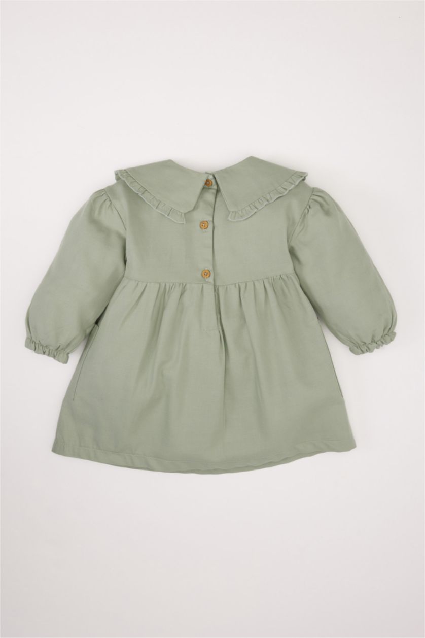 Kız Bebek Mint Büyük Yaka Nakışlı Uzun Kollu Cepli Twill Elbise Kız Bebek