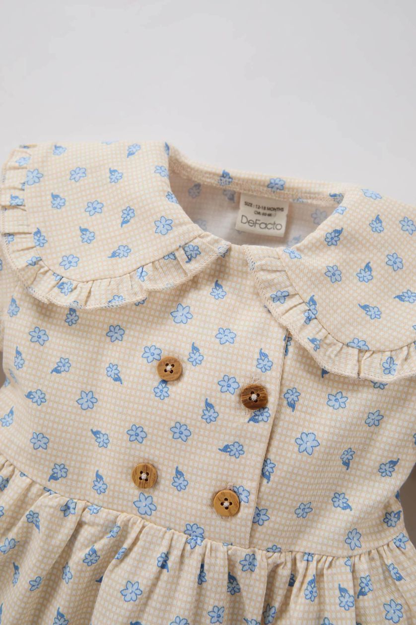 طفلة صغيرة بيج فستان بيبي بناتي فلورال من التويل كم طويل بياقة كبيرة