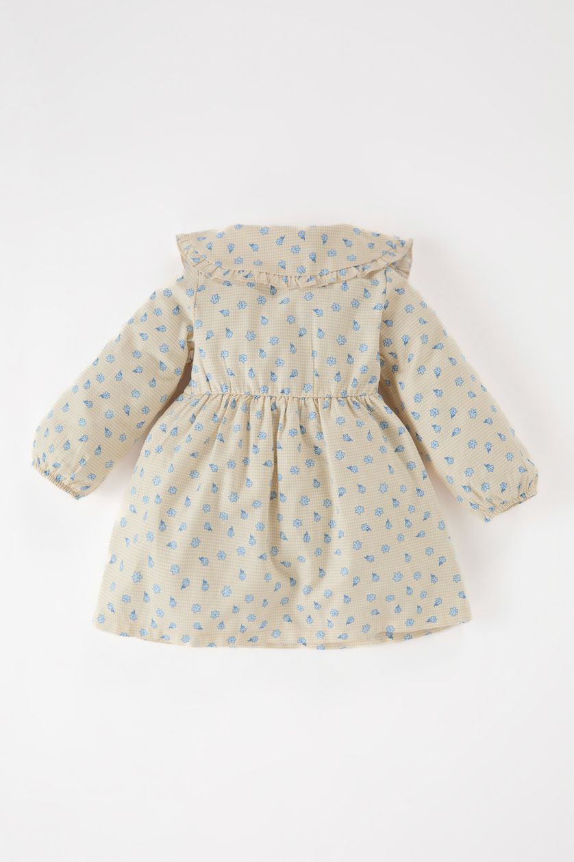 طفلة صغيرة بيج فستان بيبي بناتي فلورال من التويل كم طويل بياقة كبيرة