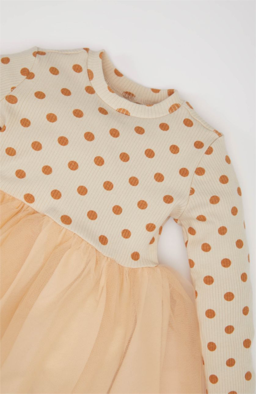 Kız Bebek Bej Çiçekli Uzun Kollu Tül Elbise Kız Bebek