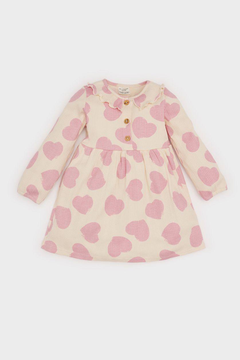 BABY GIRL Ecru Girl Patterned Long Sleeve Ribbed Camisole Dress