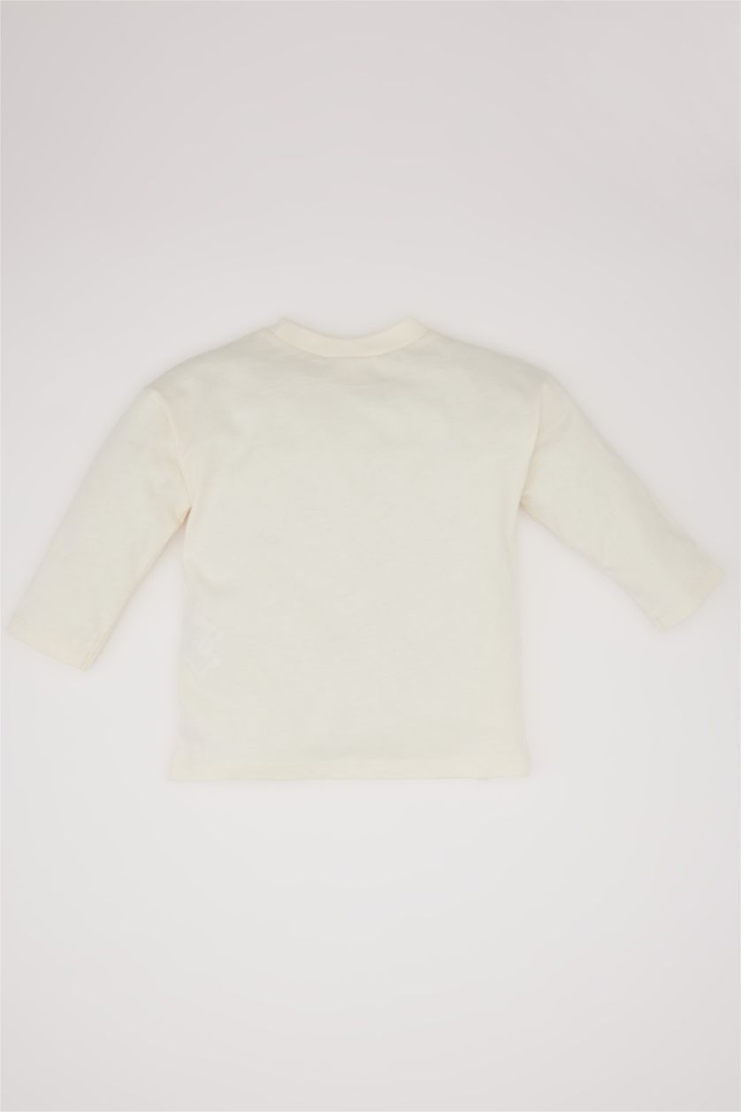 Erkek Bebek Ekru Bisiklet Yaka Hayvan Baskılı Uzun Kollu Tişört Erkek Bebek