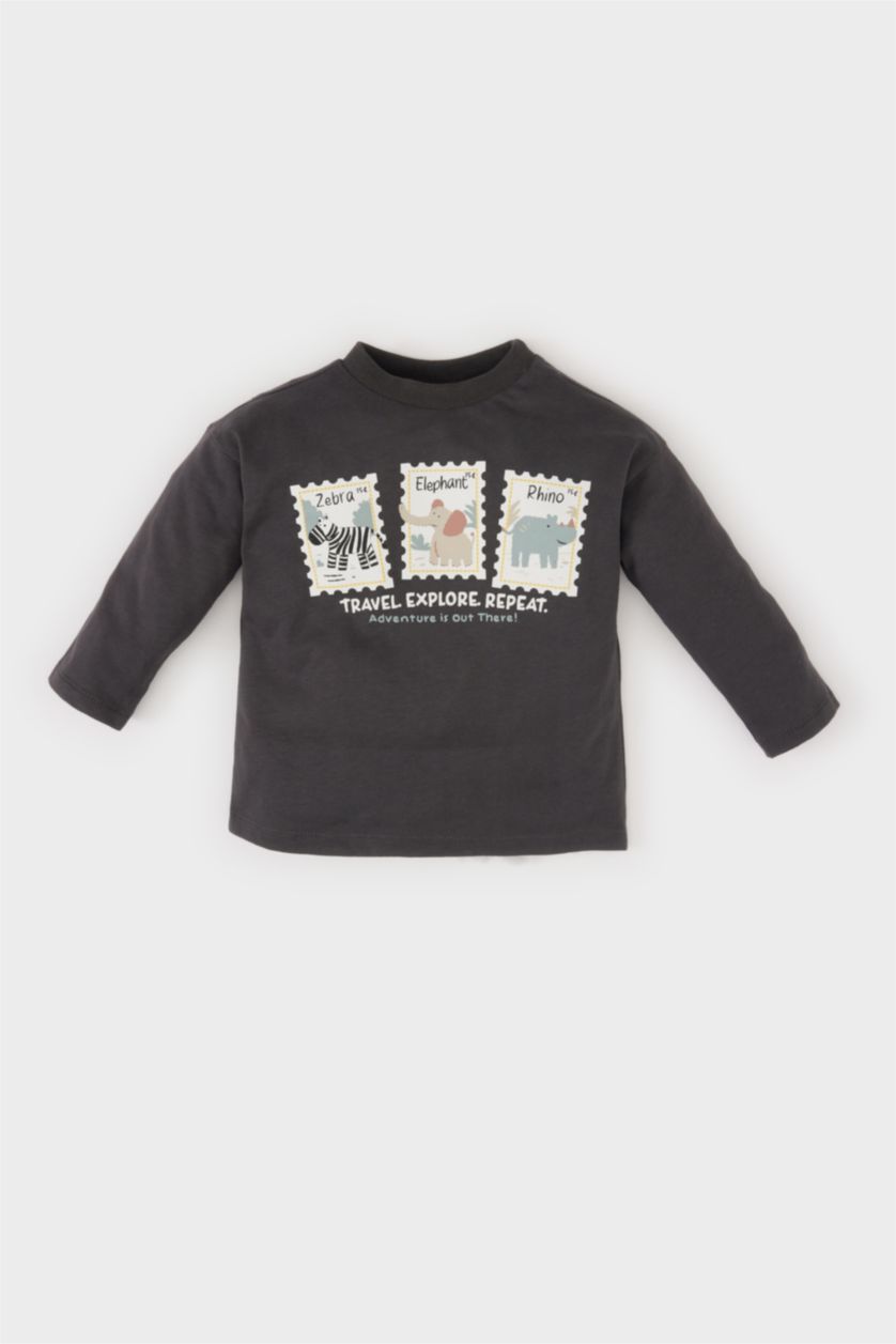 BÉBÉ GARÇON Anthracite T-shirt imprimé avec animaux à col rond et manches longues pour bébé garçon