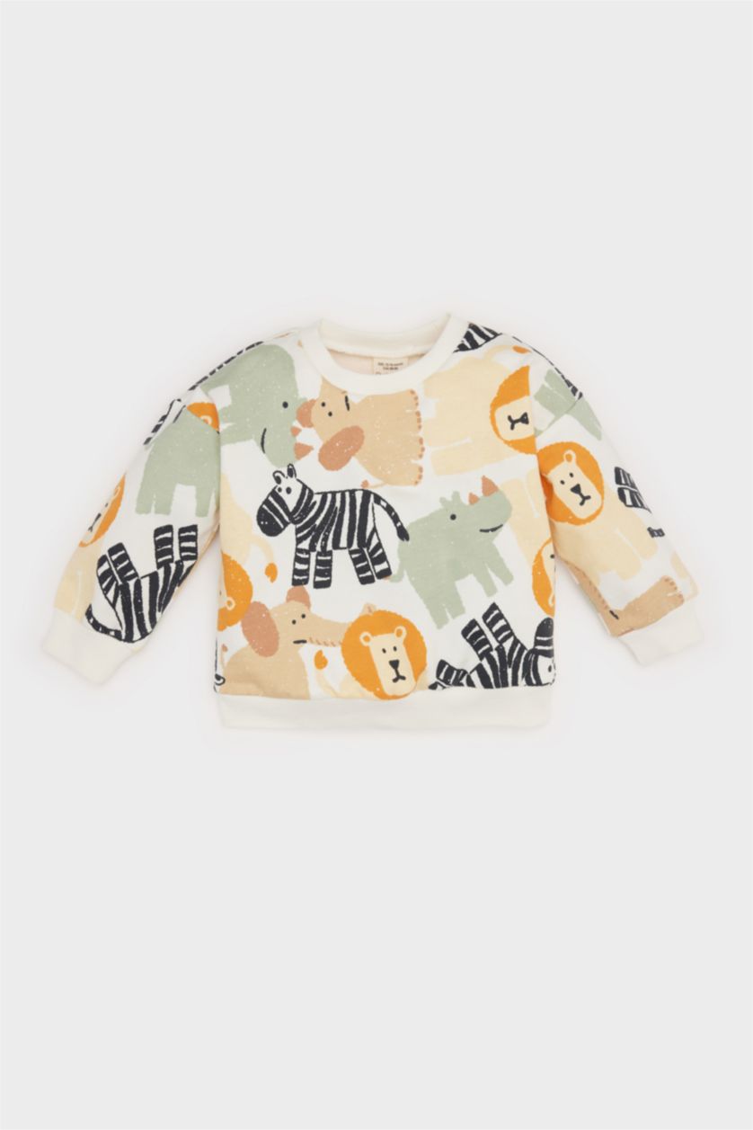 Erkek Bebek Ekru Bisiklet Yaka Hayvan Desenli Sweatshirt Erkek Bebek
