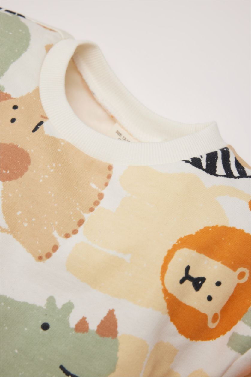 Erkek Bebek Ekru Bisiklet Yaka Hayvan Desenli Sweatshirt Erkek Bebek