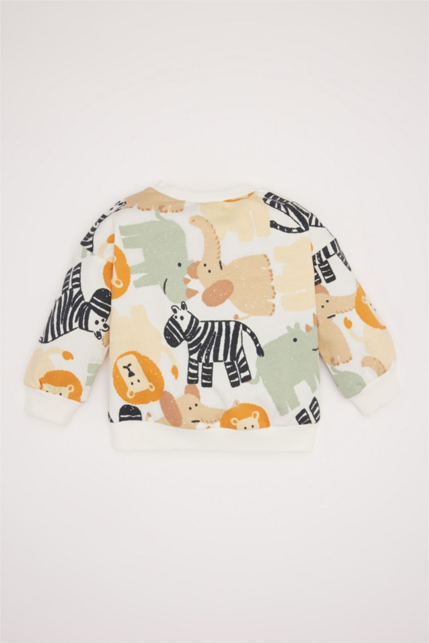 Erkek Bebek Ekru Bisiklet Yaka Hayvan Desenli Sweatshirt Erkek Bebek