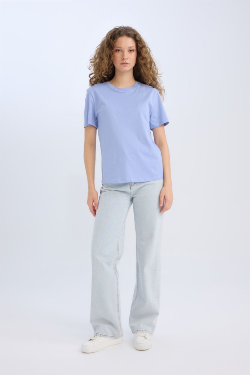 Kadın Mavi Regular Fit Bisiklet Yaka Basic Düz Kısa Kollu Tişört