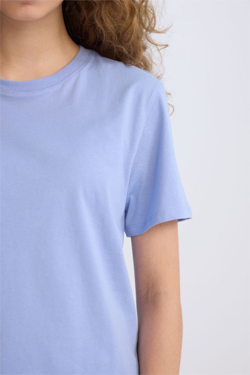 Kadın Mavi Regular Fit Bisiklet Yaka Basic Düz Kısa Kollu Tişört