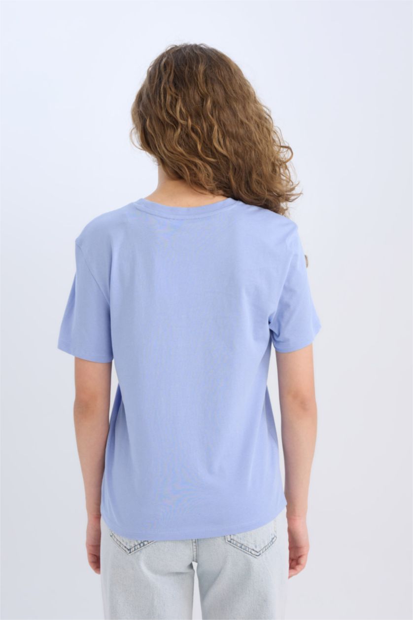Kadın Mavi Regular Fit Bisiklet Yaka Basic Düz Kısa Kollu Tişört