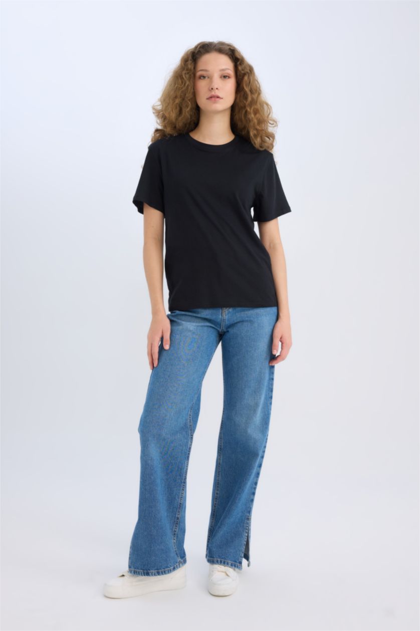 Kadın Siyah Regular Fit Bisiklet Yaka Basic Düz Kısa Kollu Siyah Tişört