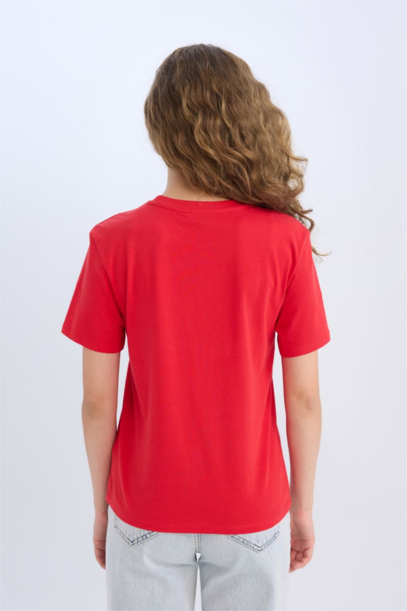 Kadın Kırmızı Regular Fit Bisiklet Yaka Basic Düz Kısa Kollu Kırmızı Tişört
