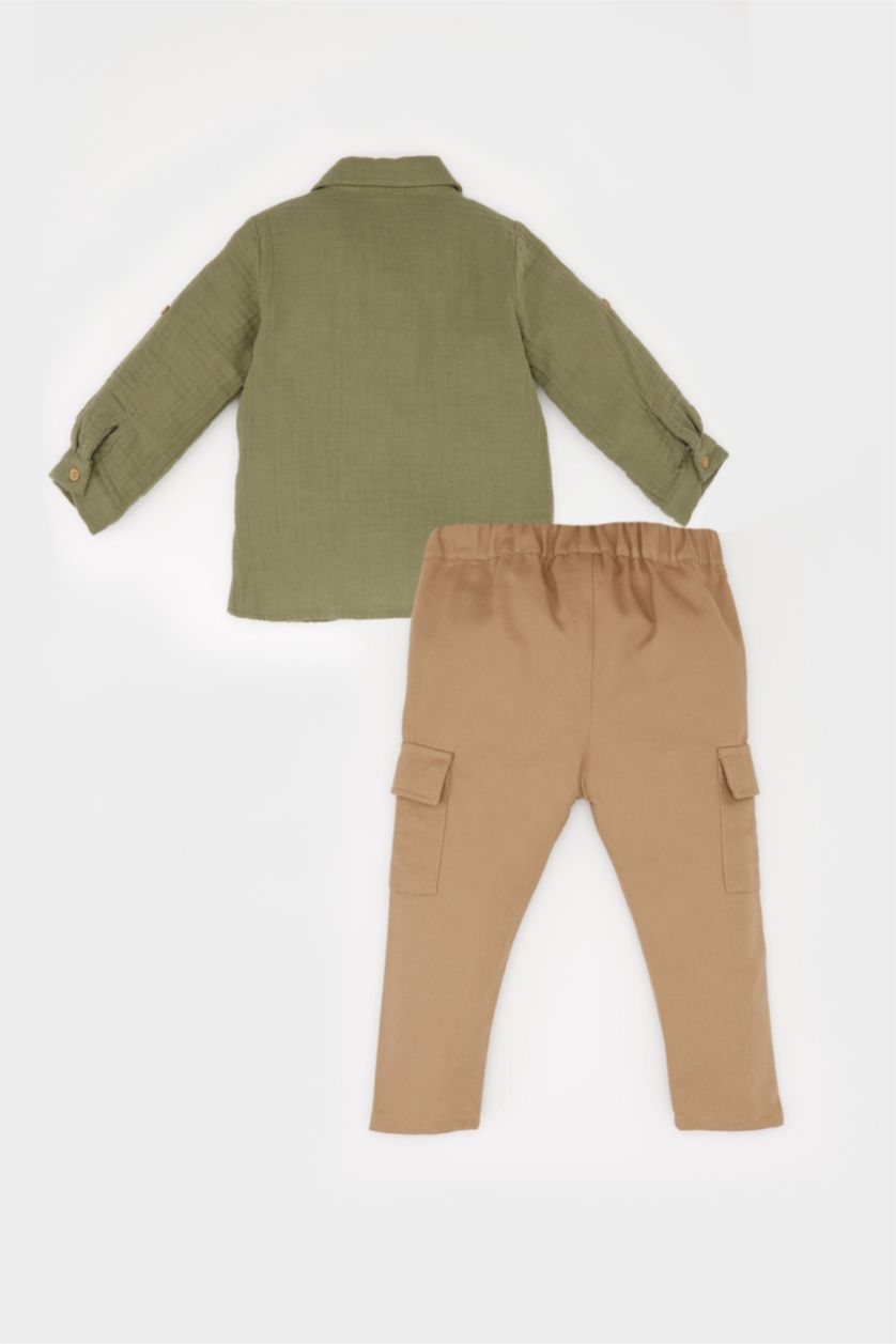 Erkek Bebek Haki 2'li Takım Uzun Kollu Gömlek Beli Lastikli Kargo Cepli Pantolon Erkek Bebek
