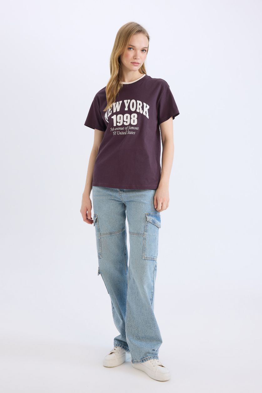 Kadın Koyu Mor %100 Pamuk Baskılı Tişört