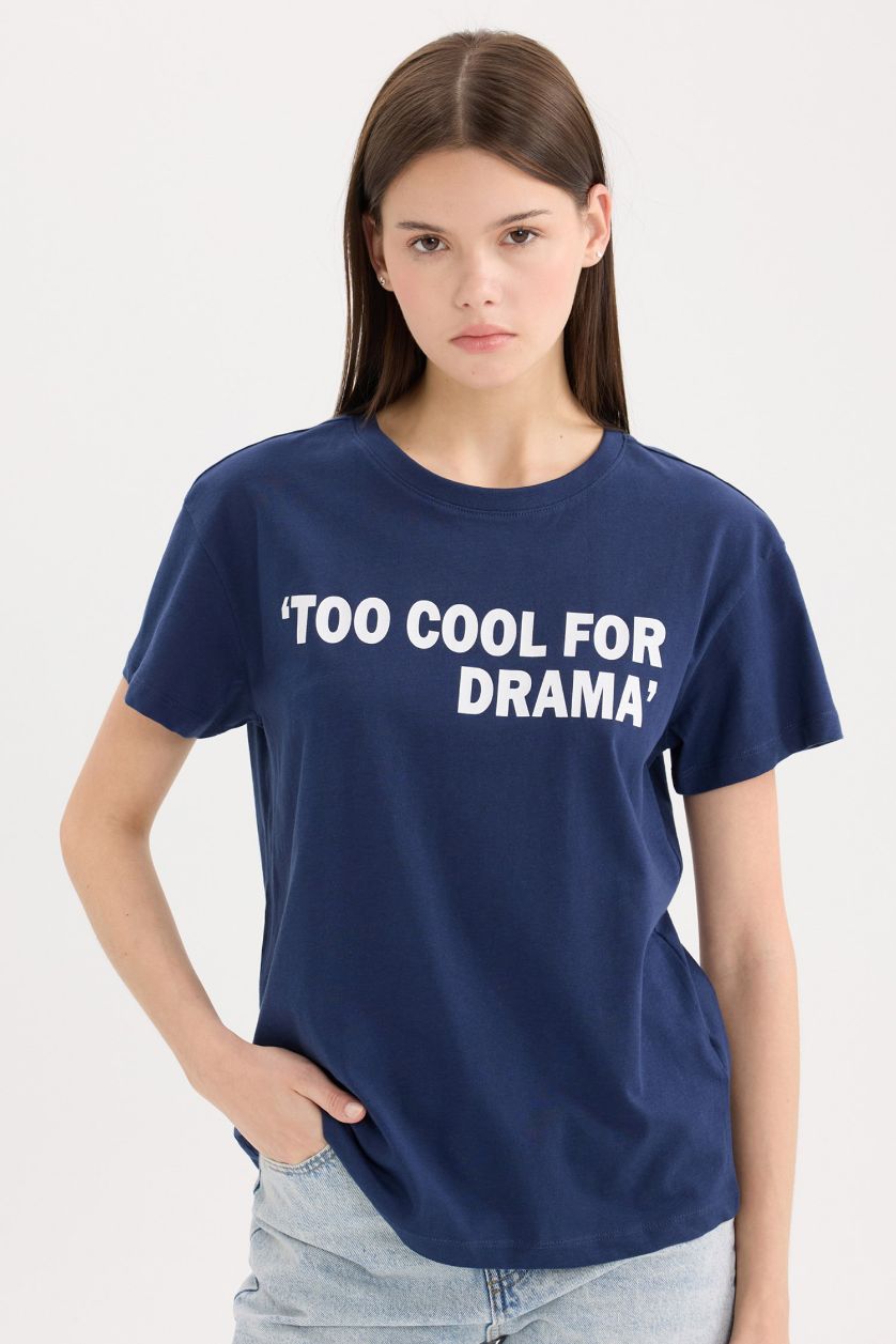 نساء كحلي تيشيرت نص كم قصة عادية مطبوع برقبة مستديرة