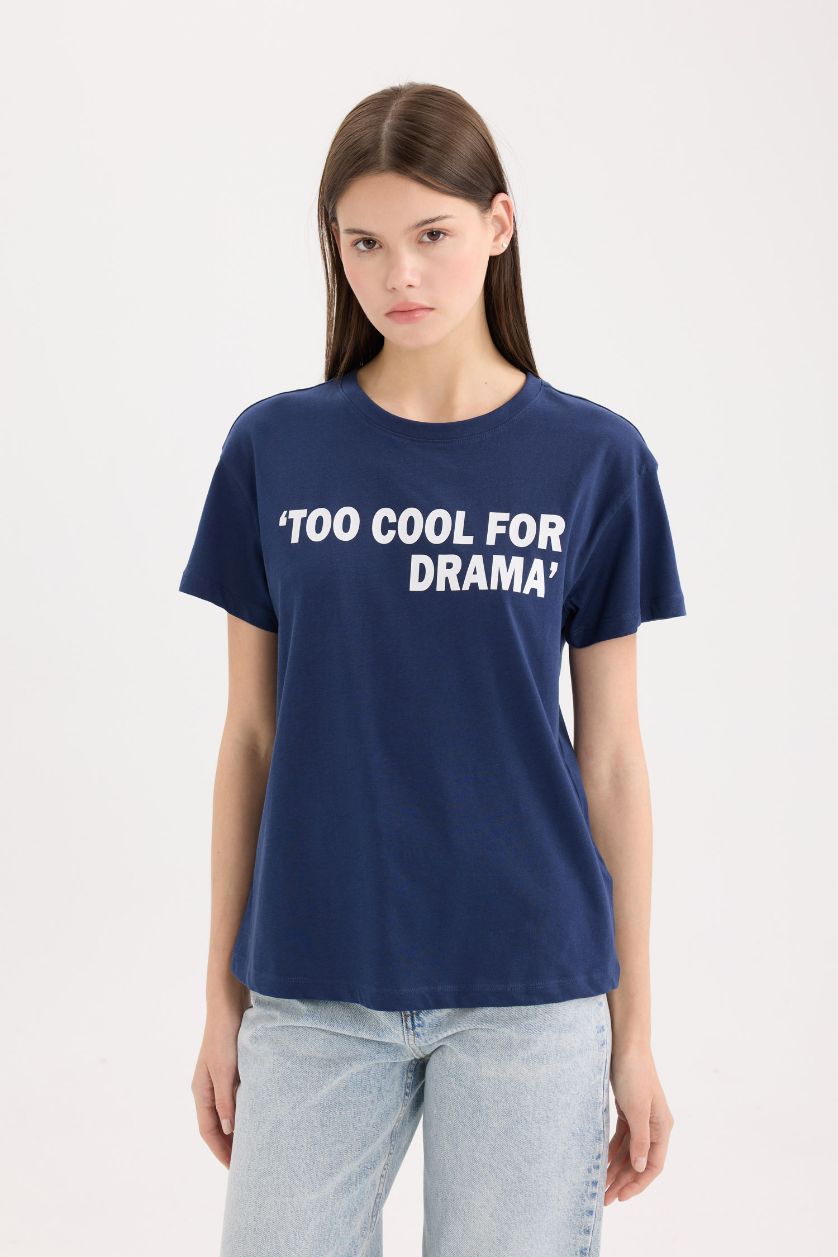 نساء كحلي تيشيرت نص كم قصة عادية مطبوع برقبة مستديرة