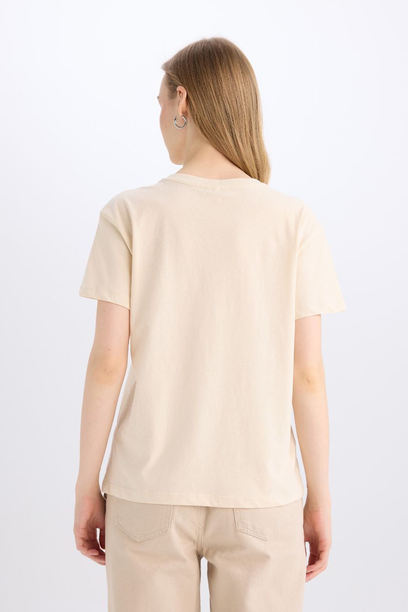 نساء حجري فاتح تي شيرت نص كم قصة عادية برقبة مستديرة