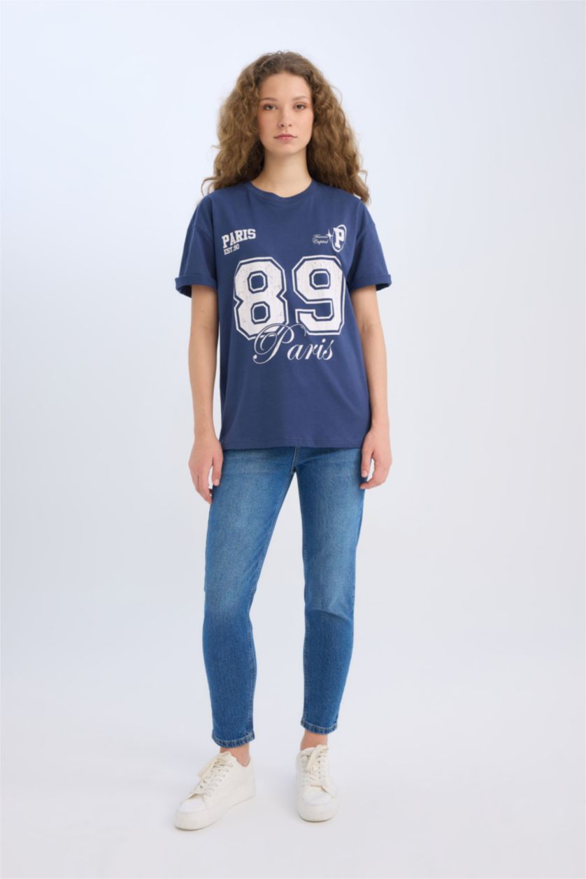 نساء نيلي تيشيرت نص كم اوفر سايز برقبة مستديرة