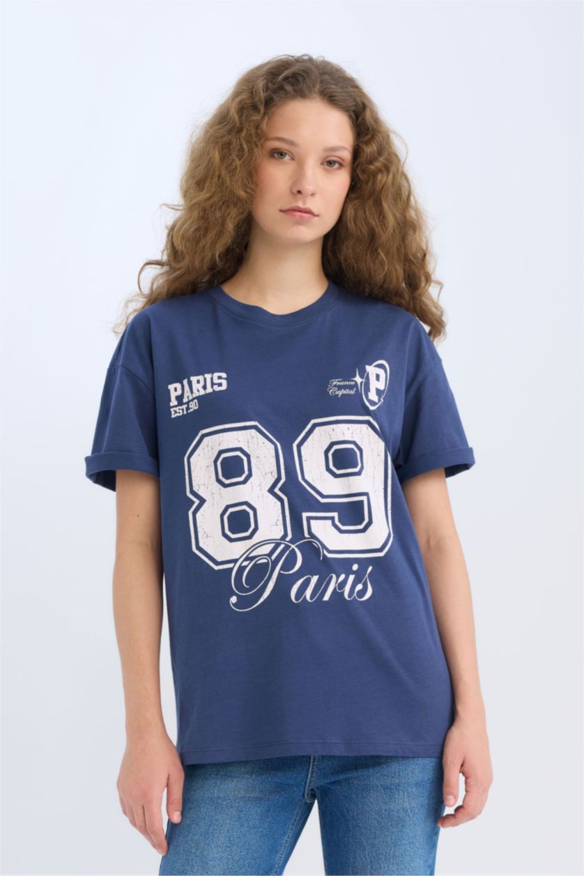 نساء نيلي تيشيرت نص كم اوفر سايز برقبة مستديرة