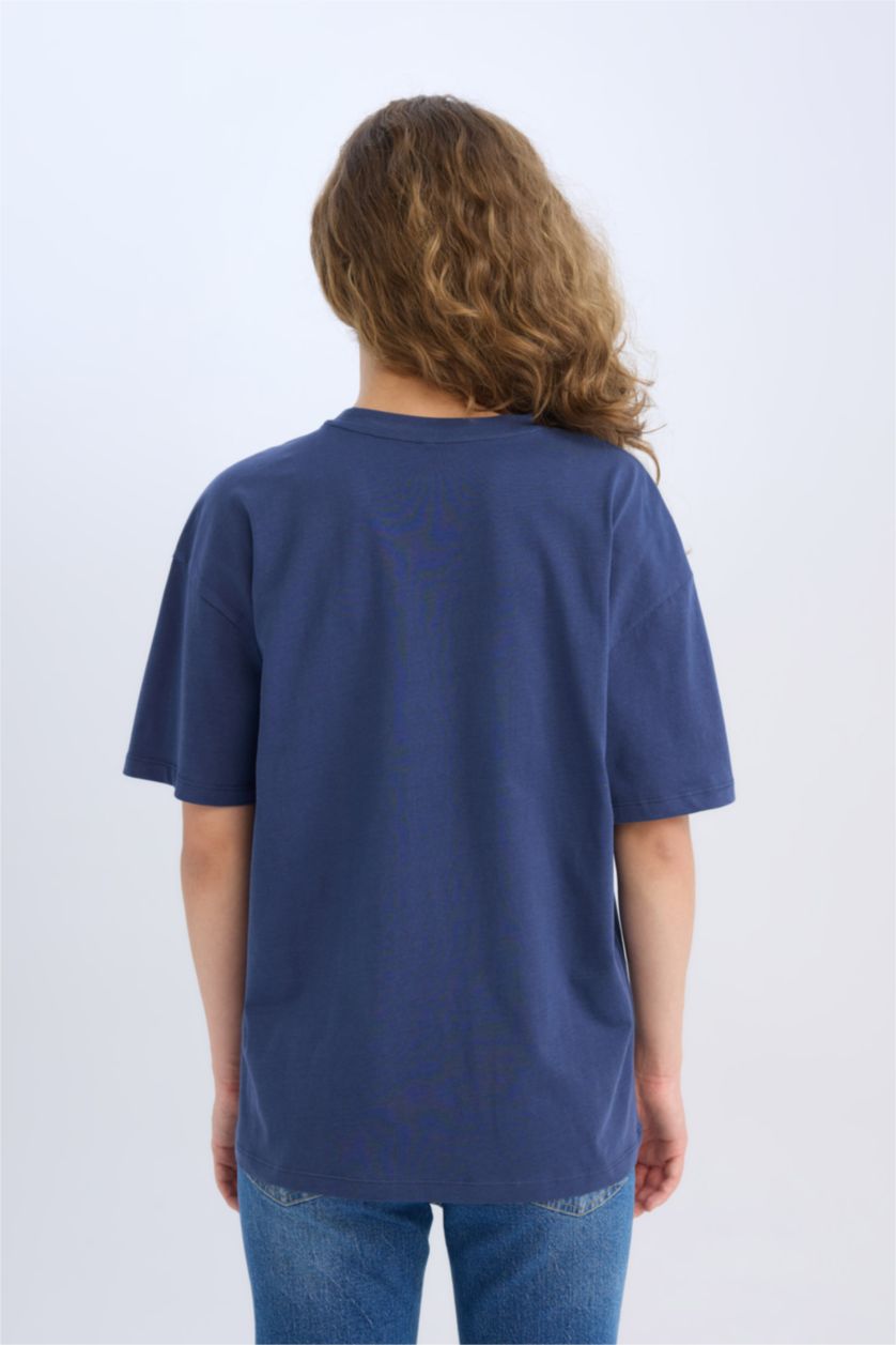 نساء نيلي تيشيرت نص كم اوفر سايز برقبة مستديرة