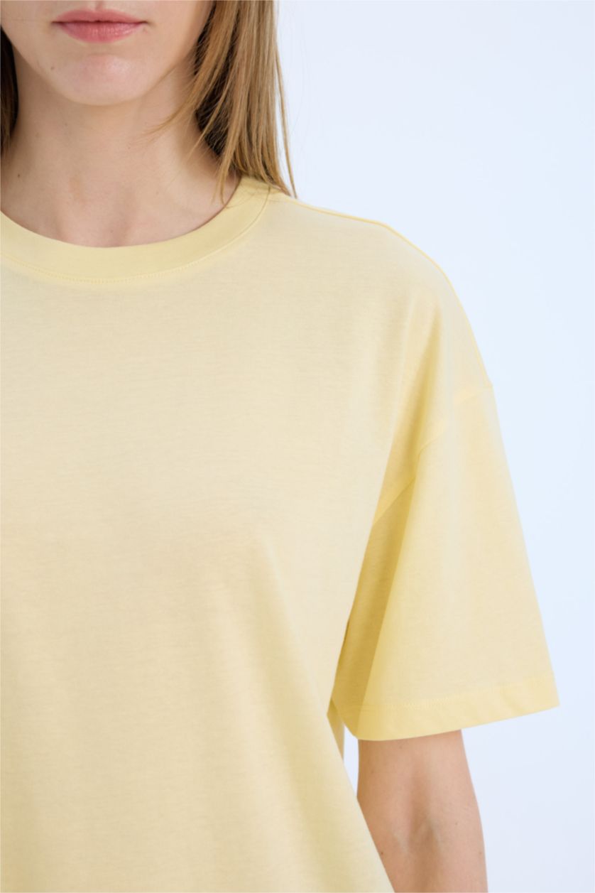 نساء أصفر فاتح تي شيرت نص كم اوفر سايز بياقة مستديرة