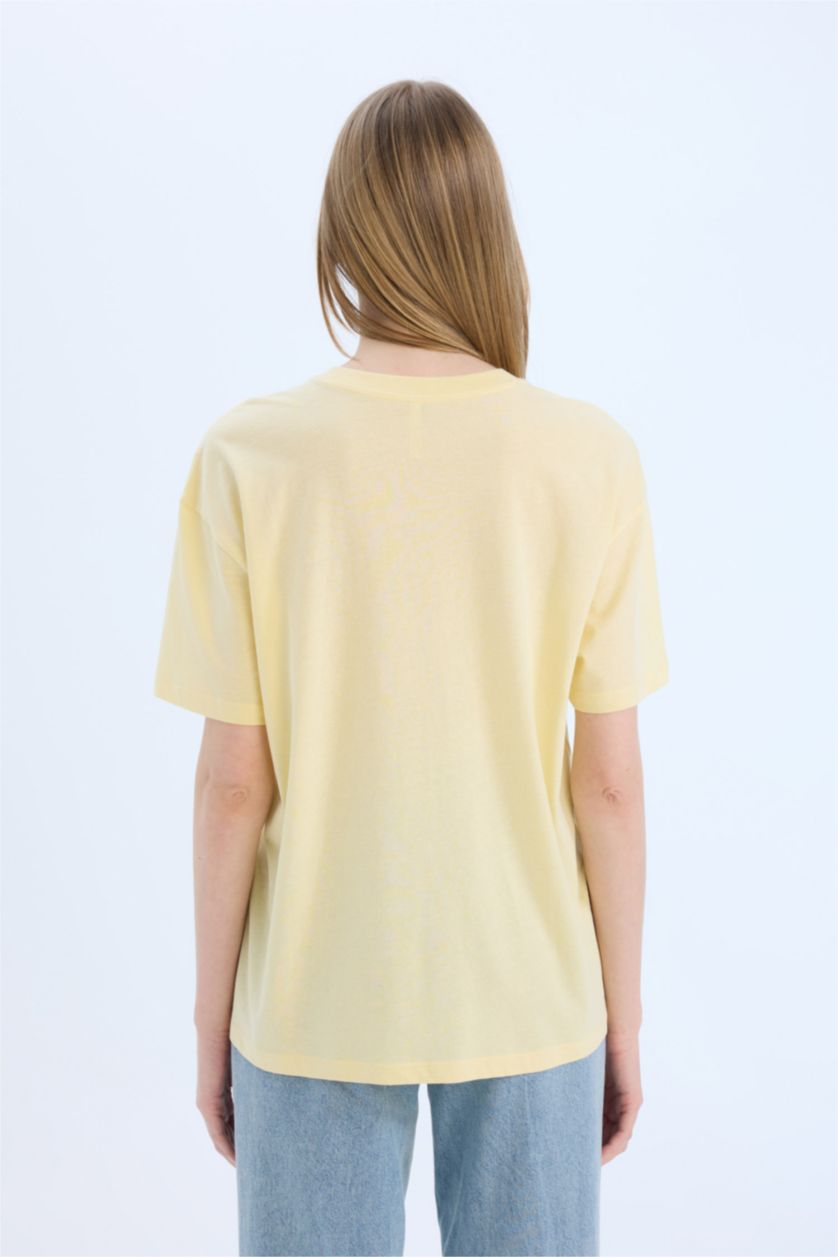 نساء أصفر فاتح تي شيرت نص كم اوفر سايز بياقة مستديرة