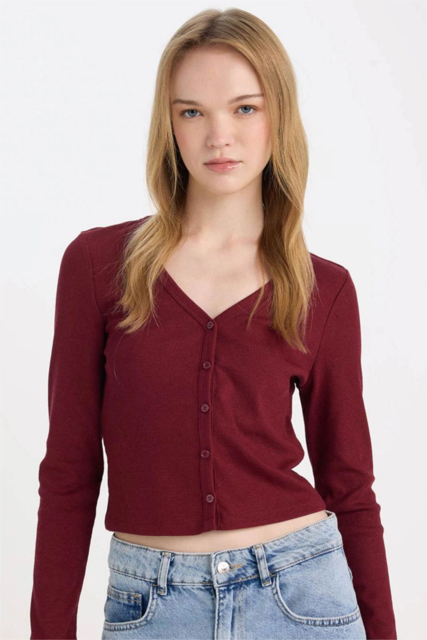 FEMME Bordeaux Cardigan Slim basique à col en V